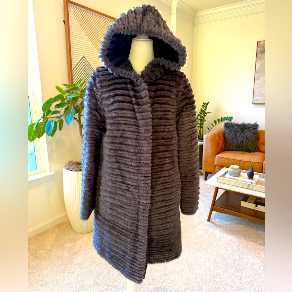 NWT, never worn! Saks 5th Avenue Genuine Rabbit Fur Hooded Reversible Down Coat